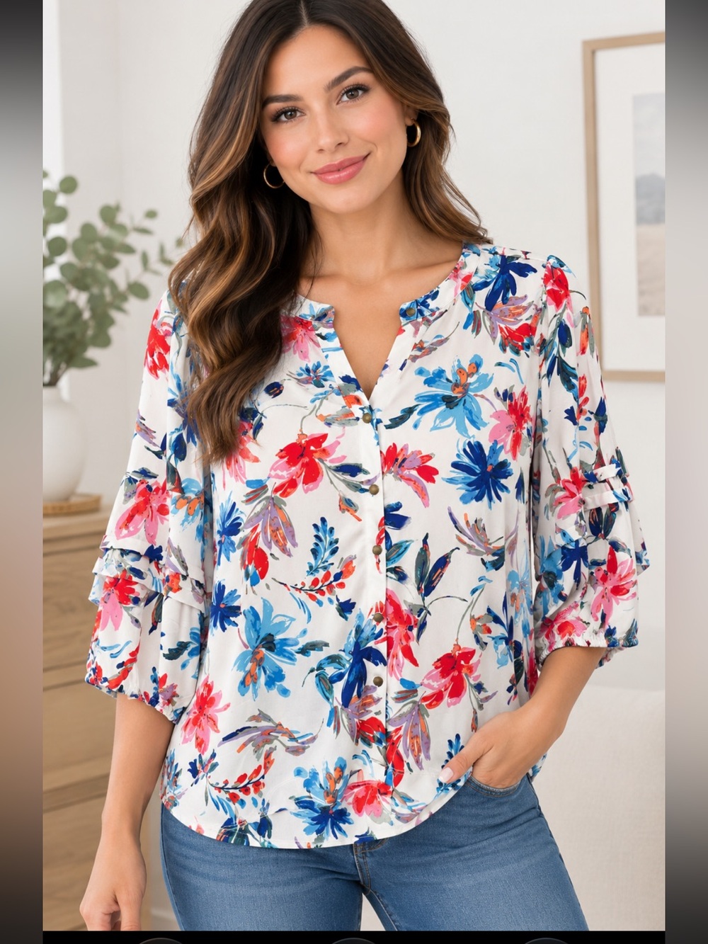 Sabrina Lauren White Floral Button-Front Blouse XL Petite